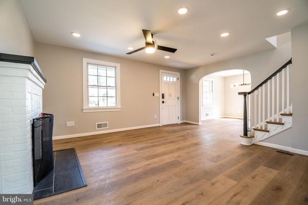 Empty room, Fireplace, Interior, Recessed Lighting, Wood Texture Flooring