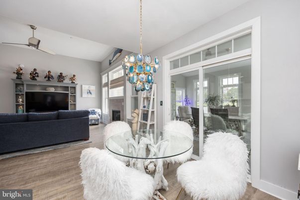 Dining room, Fireplace, Interior, Living room, Pendant Lights, Wood Texture Flooring