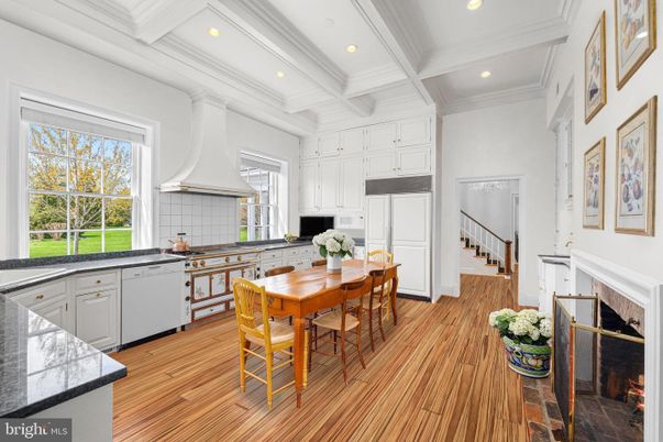 Dining room, Fireplace, Interior, Kitchen, Recessed Lighting, Wood Texture Flooring