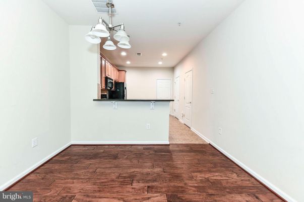 Empty room, Interior, Kitchen, Pendant Lights, Recessed Lighting, Wood Texture Flooring
