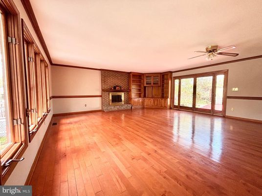 Empty room, Fireplace, Interior, Stone Walls, Wood Texture Flooring