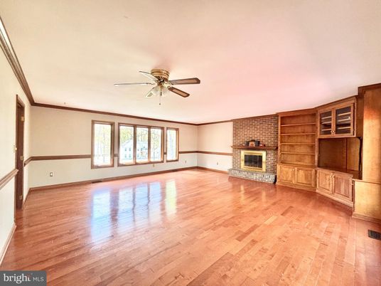 Empty room, Fireplace, Interior, Stone Walls, Wood Texture Flooring