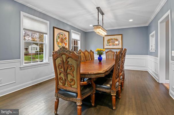 Dining room, Interior, Pendant Lights, Recessed Lighting, Wood Texture Flooring