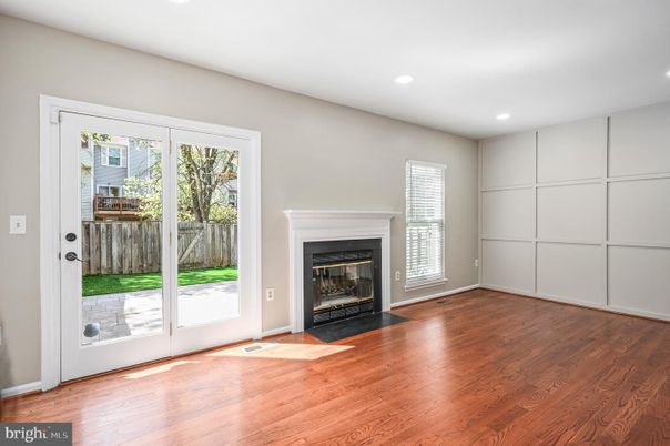 Empty room, Fireplace, Interior, Recessed Lighting, Wood Texture Flooring