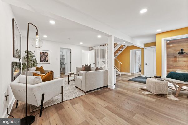 Fireplace, Interior, Living room, Recessed Lighting, Wood Texture Flooring