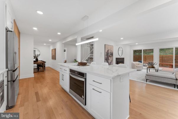 Dining room, Fireplace, Interior, Kitchen, Living room, Pendant Lights, Recessed Lighting, Wood Texture Flooring