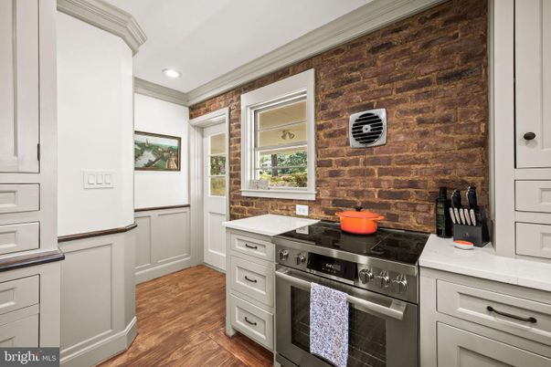 Interior, Kitchen, Recessed Lighting, Stainless Steel Appliances, Stone Walls, Wood Texture Flooring