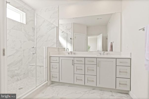 Bathroom, Dual Sink Vanities, Glass Shower, Interior, Marble, Marble Walls
