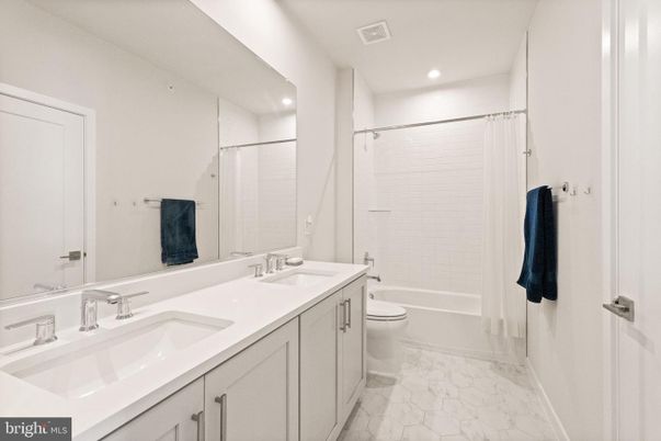 Bathroom, Dual Sink Vanities, Interior, Marble, Recessed Lighting