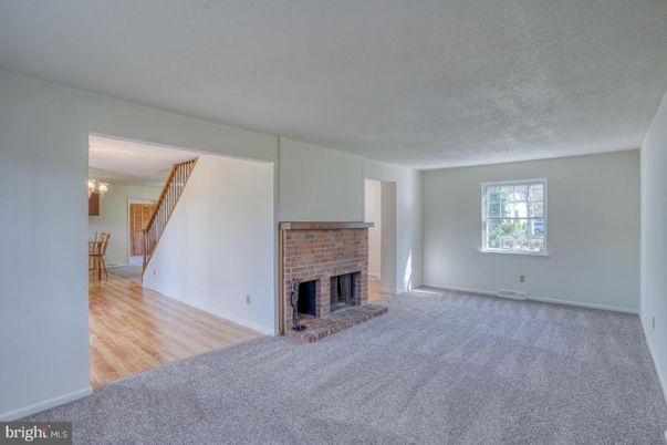 Dining room, Empty room, Fireplace, Interior, Wood Texture Flooring