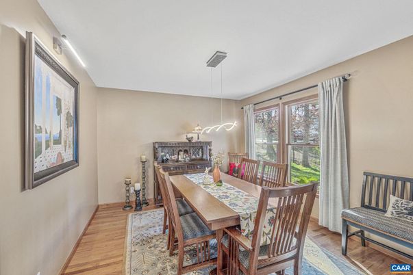 Dining room, Interior, Pendant Lights, Wood Texture Flooring