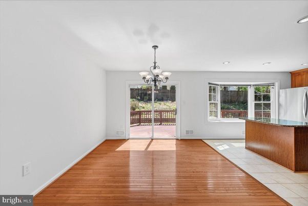 Chandelier, Empty room, Interior, Kitchen, Recessed Lighting, Wood Texture Flooring