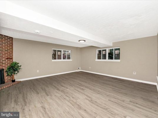 Empty room, Interior, Recessed Lighting, Stone Walls, Wood Texture Flooring