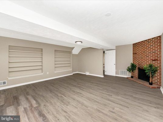 Empty room, Interior, Recessed Lighting, Stone Walls, Wood Texture Flooring