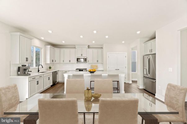 Dining room, Interior, Kitchen, Recessed Lighting, Stainless Steel Appliances, Wood Texture Flooring