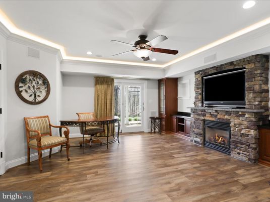 Fireplace, Interior, Recessed Lighting, Stone Walls, Wood Texture Flooring