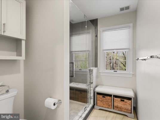 Bathroom, Glass Shower, Interior, Wood Texture Flooring