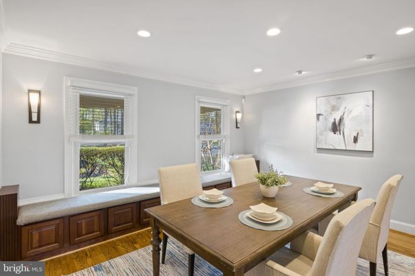 Dining room, Interior, Recessed Lighting, Wood Texture Flooring