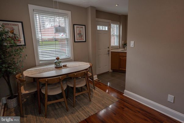 Dining room, Interior, Pendant Lights, Recessed Lighting, Wood Texture Flooring