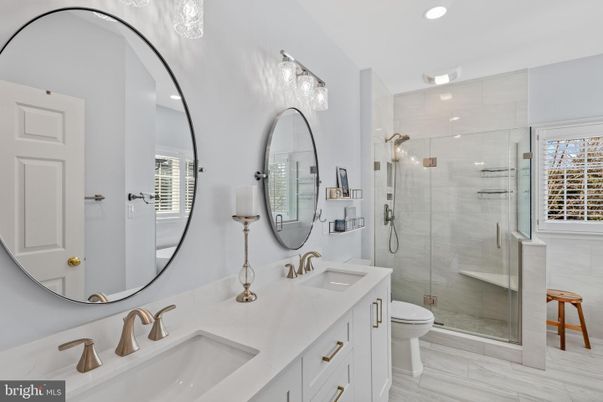 Bathroom, Dual Sink Vanities, Glass Shower, Interior, Recessed Lighting