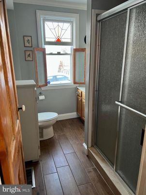 Bathroom, Glass Shower, Interior, Wood Texture Flooring