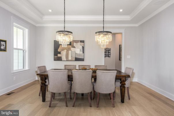 Chandelier, Dining room, Interior, Recessed Lighting, Wood Texture Flooring