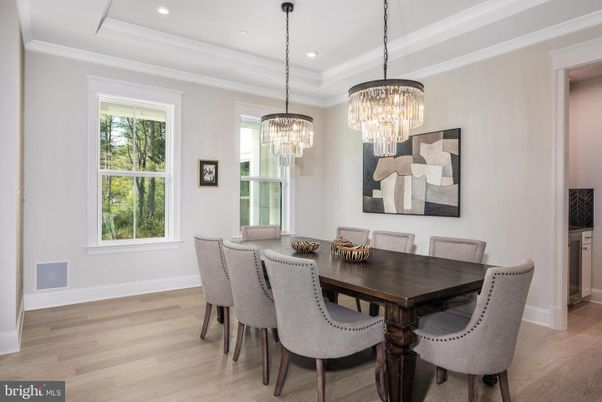 Chandelier, Dining room, Interior, Recessed Lighting, Wood Texture Flooring