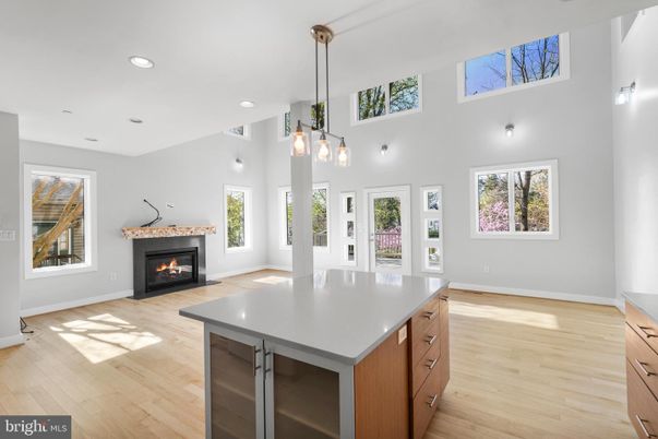 Fireplace, Interior, Kitchen, Pendant Lights, Recessed Lighting, Wood Texture Flooring