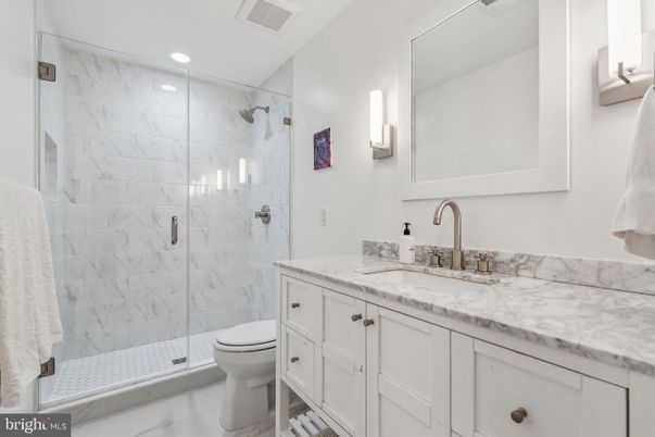 Bathroom, Glass Shower, Interior, Marble, Marble Walls, Recessed Lighting