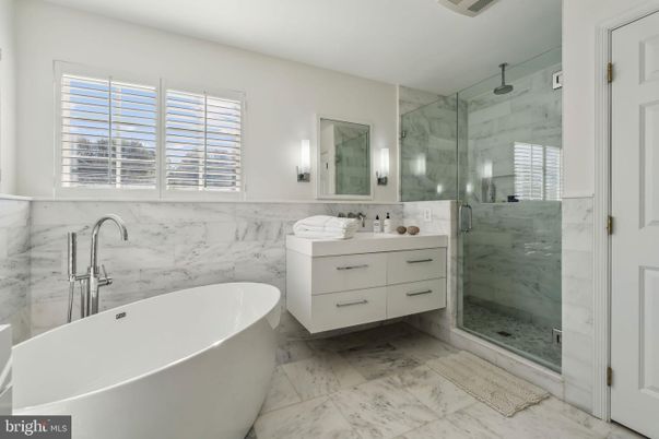 Bathroom, Dual Sink Vanities, Free Standing Baths, Glass Shower, Interior, Marble, Marble Walls