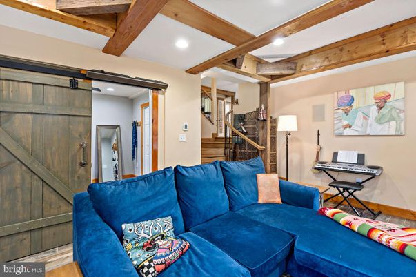 Interior, Living room, Piano, Recessed Lighting, Wooden Beams