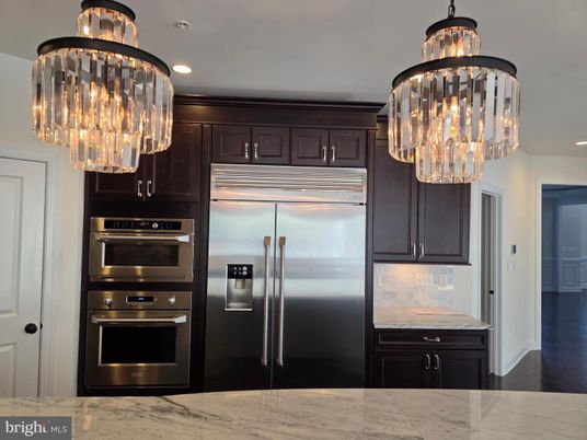 Chandelier, Interior, Kitchen, Recessed Lighting, Stainless Steel Appliances, Wood Texture Flooring