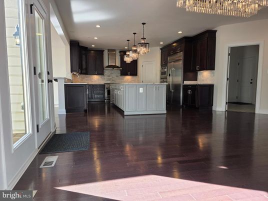 Chandelier, Interior, Kitchen, Recessed Lighting, Stainless Steel Appliances, Wood Texture Flooring