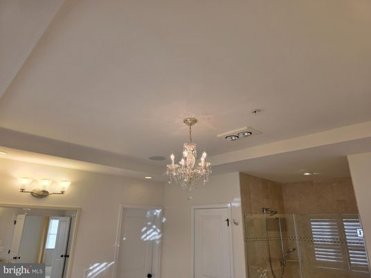 Bathroom, Chandelier, Glass Shower, Interior, Recessed Lighting