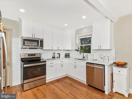Interior, Kitchen, Recessed Lighting, Stainless Steel Appliances, Wood Texture Flooring