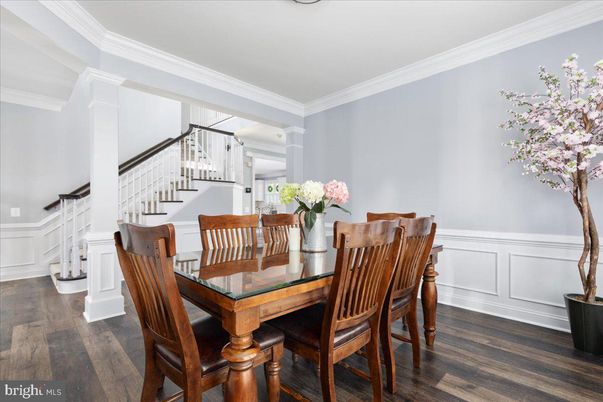 Dining room, Interior, Pendant Lights, Wood Texture Flooring