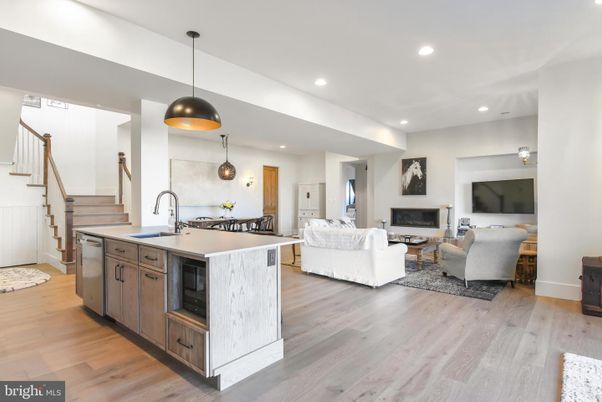 Fireplace, Interior, Kitchen, Living room, Pendant Lights, Recessed Lighting, Wood Texture Flooring