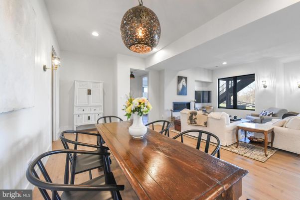 Dining room, Fireplace, Interior, Living room, Pendant Lights, Recessed Lighting, Wood Texture Flooring