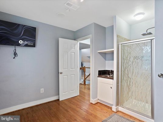 Bathroom, Glass Shower, Interior, Wood Texture Flooring