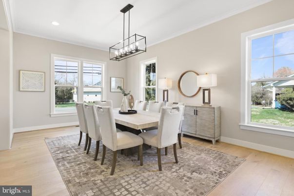 Dining room, Interior, Pendant Lights, Recessed Lighting, Wood Texture Flooring