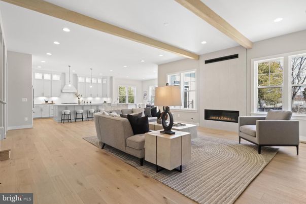 Fireplace, Interior, Kitchen, Living room, Pendant Lights, Recessed Lighting, Wooden Beams, Wood Texture Flooring