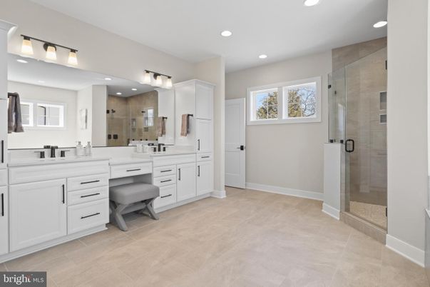 Bathroom, Dual Sink Vanities, Glass Shower, Interior, Recessed Lighting