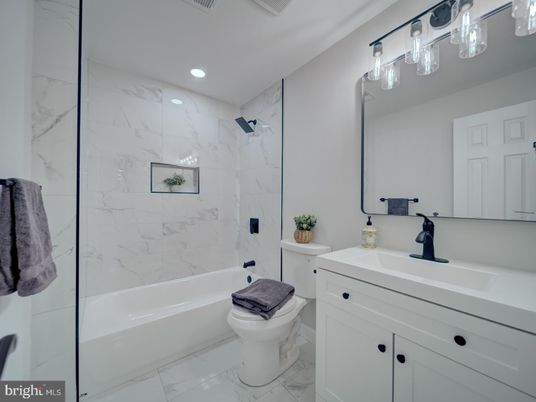 Bathroom, Glass Shower, Interior, Marble, Marble Walls, Recessed Lighting