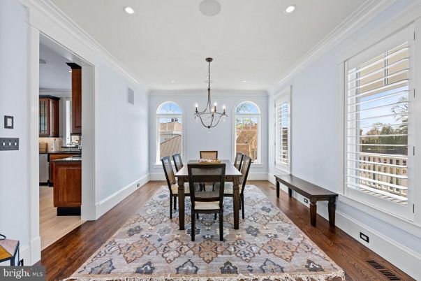 Chandelier, Dining room, Interior, Recessed Lighting, Wood Texture Flooring