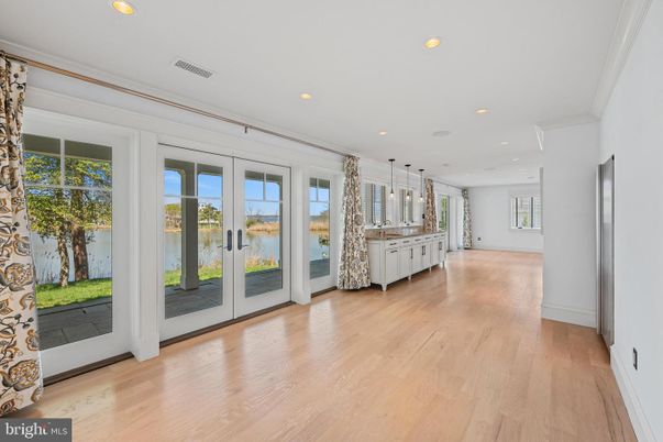 Empty room, Interior, Kitchen, Pendant Lights, Recessed Lighting, Wood Texture Flooring