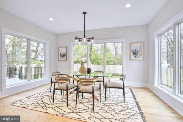 Dining room, Interior, Pendant Lights, Recessed Lighting, Wood Texture Flooring