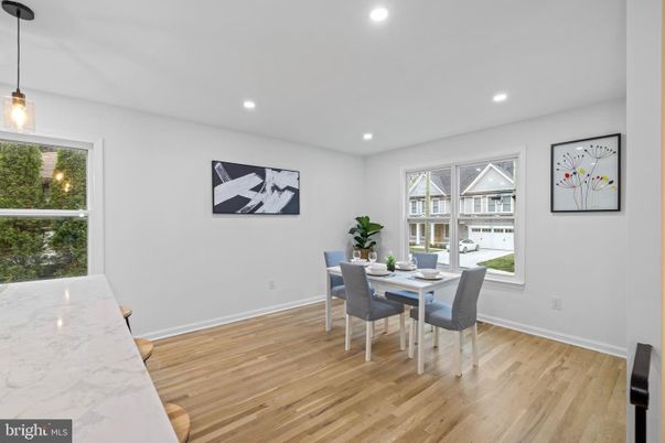 Dining room, Interior, Pendant Lights, Recessed Lighting, Wood Texture Flooring