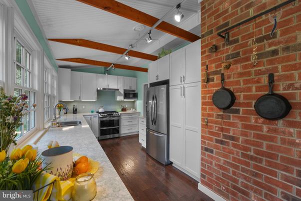 Interior, Kitchen, Stainless Steel Appliances, Stone Walls, Wooden Beams, Wood Texture Flooring
