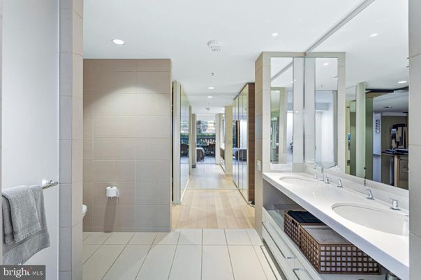 Bathroom, Dual Sink Vanities, Interior, Recessed Lighting, Wood Texture Flooring