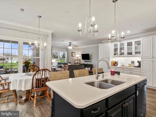 Chandelier, Dining room, Interior, Kitchen, Living room, Pendant Lights, Recessed Lighting, Wood Texture Flooring